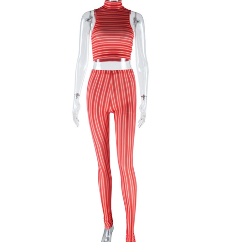Fashion women's striped sexy sleeveless vest trousers two-piece set