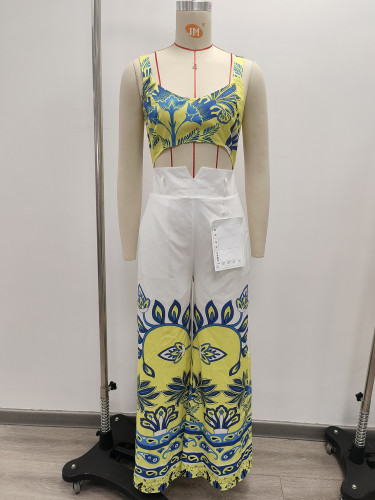 Elegant yellow printed sexy suspender high waist women's long jumpsuit