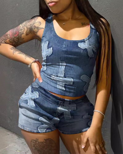 Fashionable Women's Printed Tank Top Biker Shorts Set