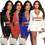 Fashion Women's Pocket Sexy Deep V Solid Color Hollow Out Rompers Jumpsuit
