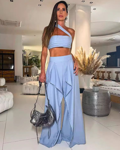 Solid color tube top halterneck high waist split two piece trousers women's set