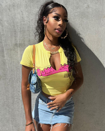 Basic letter printed short-sleeved graphic T-shirt for women summer sexy fashionable casual top