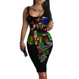 (Customize) Sexy digital print sleeveless round neck slim tank dress