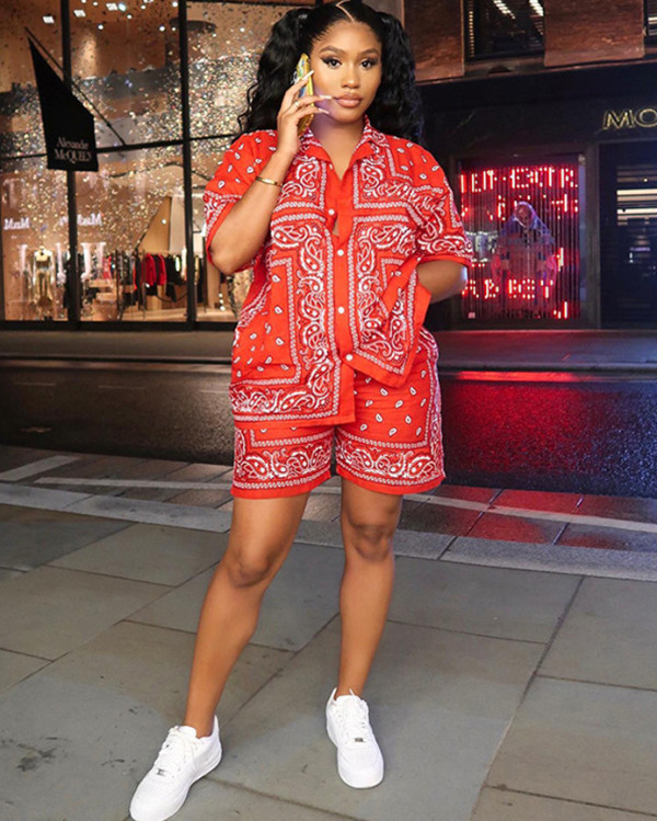 Summer print blouse shorts matching two piece set