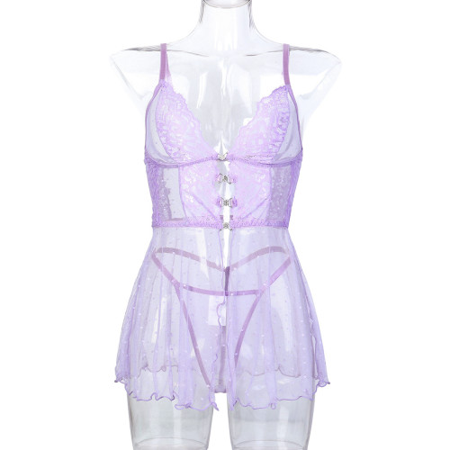 Sexy dot see-through mesh lace crystal buckle suspender nightgown two-piece babydoll lingerie set