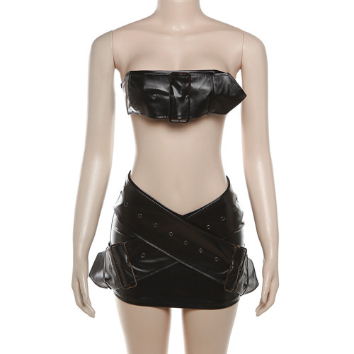 Sexy bandeau top high waist mini skirt PU two piece set