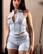 Summer Solid Color Cargo Tank Top Shorts Matching Two Piece Set