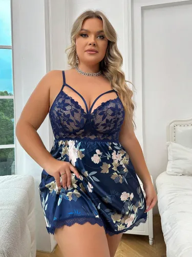 Plus size blue satin lace babydoll lingerie set