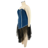 Plus size suspender women's denim splicing mesh dress