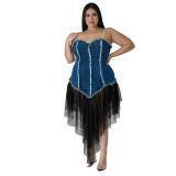 Plus size suspender women's denim splicing mesh dress