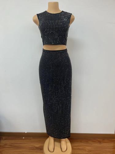 Summer rhinestones crop top sexy high waist slit long skirt two piece set