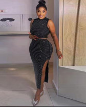 Summer rhinestones crop top sexy high waist slit long skirt two piece set