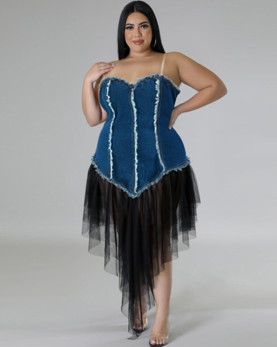 Plus size suspender women's denim splicing mesh dress