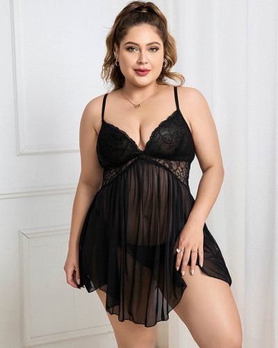Plus size sexy lingerie sheer nightgown babydoll lingerie set