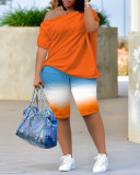 Summer casual slash shoulder print t-shit biker shorts two piece outfit