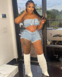 Summer beaded bandeau top hot shorts denim set