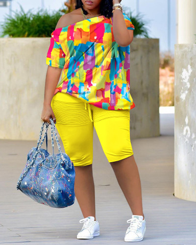 Summer casual slash shoulder print t-shit biker shorts two piece outfit