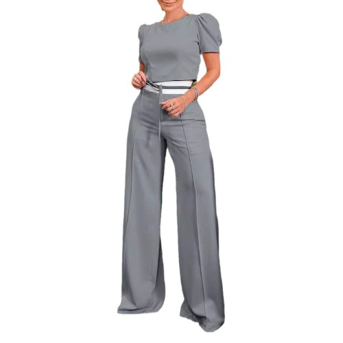 Summer Solid Color Casual Crop Top Wide Leg Pants Two Piece Suit