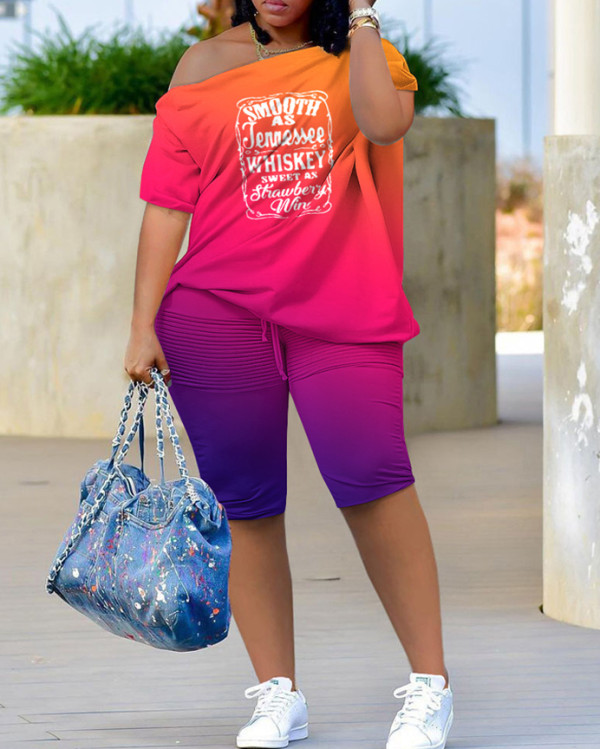Summer casual slash shoulder print t-shit biker shorts two piece outfit