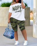 Summer casual slash shoulder print t-shit biker shorts two piece outfit