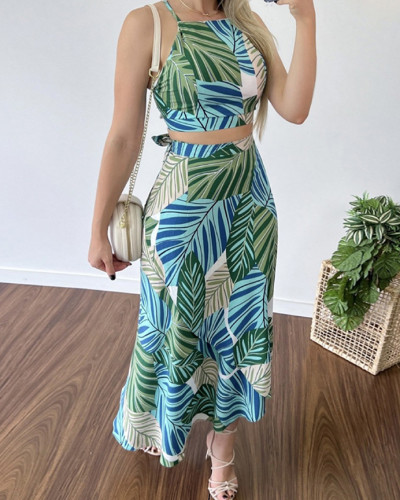 Summer Vocation Outfit Printed Crop Top Long Skirt Two-piece Set