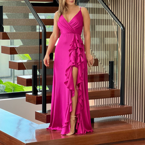 Straps V-neck high waist ruffled irregular slit long evening dress