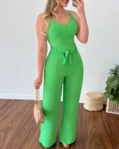 Summer Casual Solid Color V-neck Short Vest High Waist Pants Casual Suit