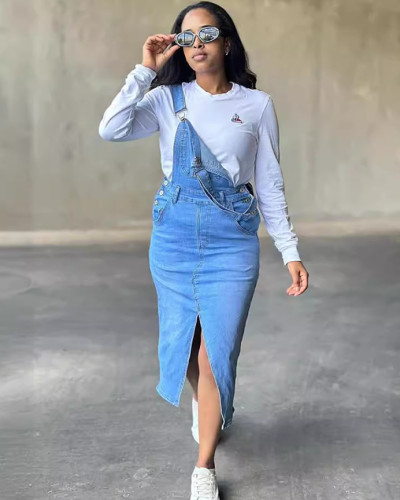 Women's straight suspender street fashion pocket slit denim dress