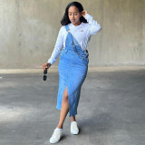 Women's straight suspender street fashion pocket slit denim dress