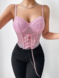 Mesh spliced lace fishbone underwire see-through slim strap camisole
