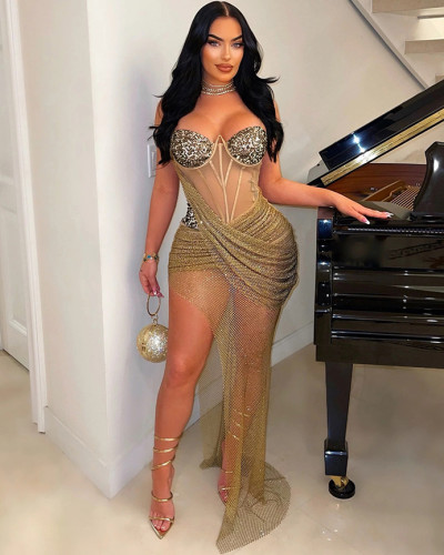 Solid color diamond mesh irregular sexy sheer party dress