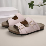 Casual retro comfortable flat buckle decorated solid color Roman slippers