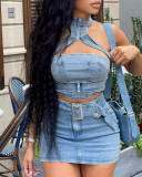 Summer Sexy Beaded Denim Set Vest Mini Skirt Two Piece Clothing