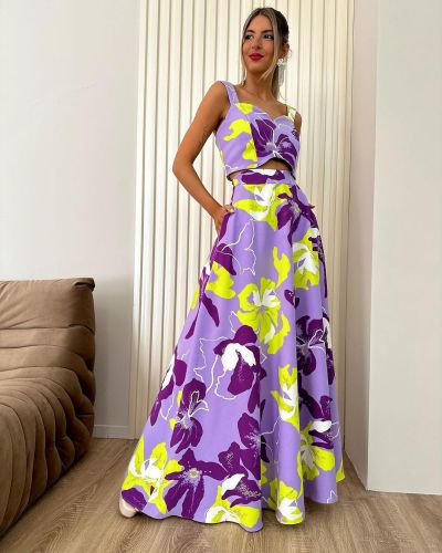 Fashion vocation outfit printed crop top long skirt set