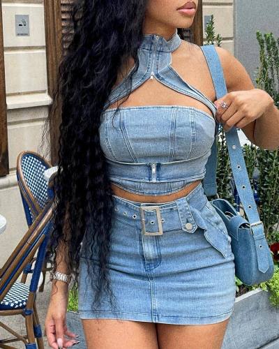 Summer Sexy Beaded Denim Set Vest Mini Skirt Two Piece Clothing