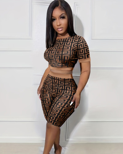 Fashion Mesh Digital Print Short Sleeve Sexy Two-piece Shorts Set