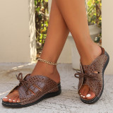Casual snake print slippers for women hollow out bow-decorated Roman shoes