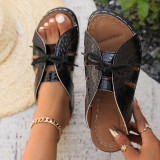 Casual snake print slippers for women hollow out bow-decorated Roman shoes