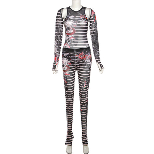 Sexy tight see-through mesh printed two piece pants set