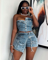Sexy denim top and shorts two piece clothing