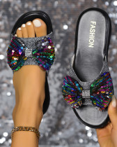 sequined bow flat slippers