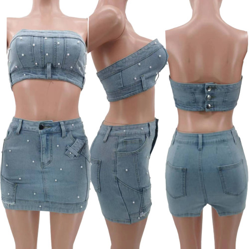 Summer Sexy Beaded Denim Set Vest Mini Skirt Two Piece Clothing