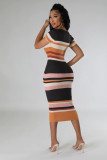 Fashionable round neck knitted slim short-sleeved bodycon dress