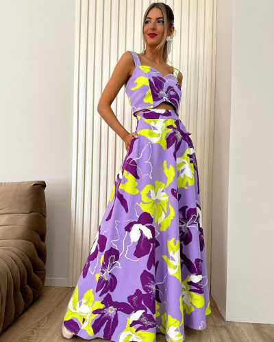 Fashion vocation outfit printed crop top long skirt set