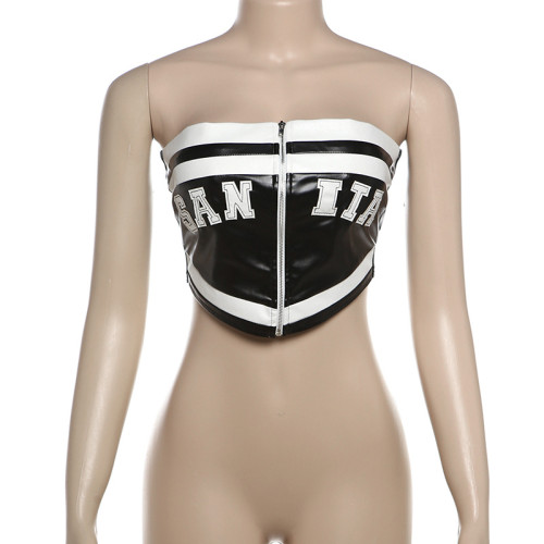 Summer sexy printed zipper slim PU tube top
