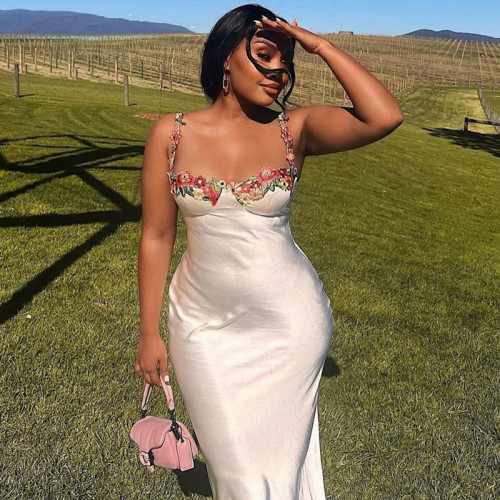 Summer fashion embroidered lace sexy sling long dress
