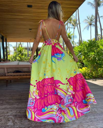 Summer printed sexy backless strappy high-waisted A-line women's long resort ethnic dress