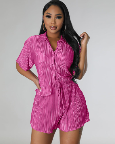 Summer matching pleated short sleeve shirt and shorts casual two piece clothing