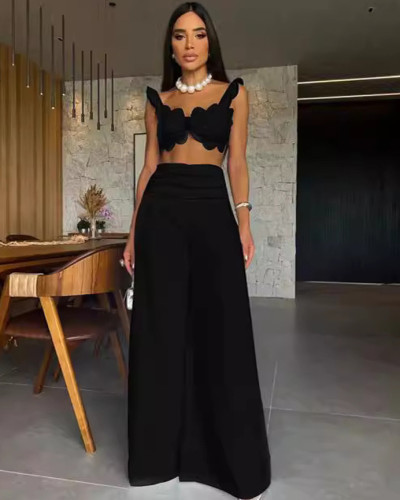 Summer solid color casual sexy two-piece wide-leg trousers suit