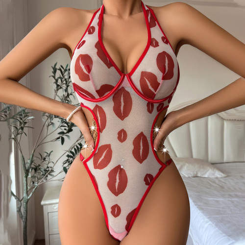 Sexy see-through red lip printed mesh halter neck chain sexy openable crotch bodysuit lingerie